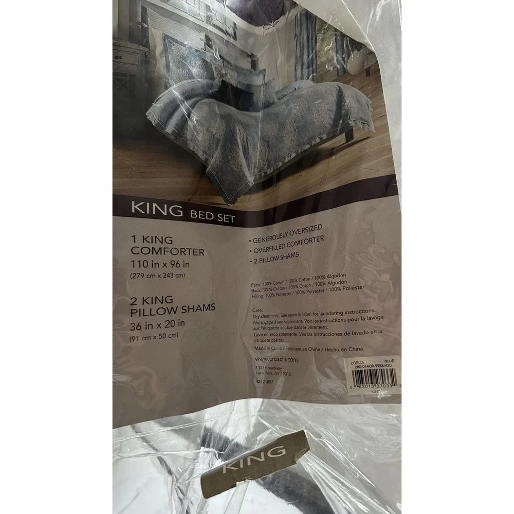 Croscill Zoelle King Comforter & 2 Pillow Shams 3 Pc Set Blue Embroidered Cotton